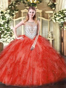Coral Red Ball Gowns Tulle Scoop Sleeveless Beading and Ruffles Floor Length Zipper Ball Gown Prom Dress