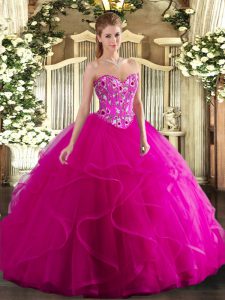Top Selling Sweetheart Sleeveless 15th Birthday Dress Floor Length Embroidery and Ruffles Fuchsia Tulle