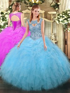 Aqua Blue Quinceanera Dress Military Ball and Sweet 16 and Quinceanera with Beading and Ruffles Scoop Sleeveless Lace Up