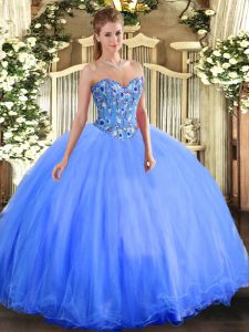 Eye-catching Blue Sleeveless Floor Length Embroidery Lace Up Quinceanera Gown
