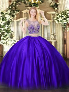 Dramatic Purple Two Pieces Satin Scoop Sleeveless Beading Floor Length Lace Up 15th Birthday Dress