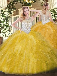 Romantic Gold Vestidos de Quinceanera Military Ball and Sweet 16 and Quinceanera with Beading and Ruffles Scoop Sleevele