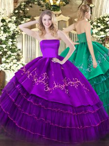 Purple Zipper Quinceanera Dresses Embroidery and Ruffled Layers Sleeveless Floor Length
