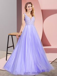 V-neck Sleeveless Tulle Prom Evening Gown Lace Zipper