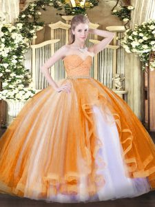 Stunning Beading and Lace and Ruffles Quinceanera Dress Orange Zipper Sleeveless Floor Length