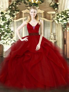 Great Wine Red Sleeveless Tulle Zipper Sweet 16 Dress for Military Ball and Sweet 16 and Quinceanera