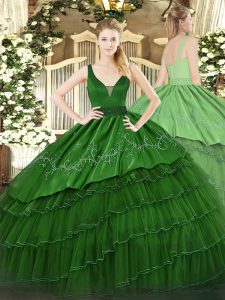 Organza and Taffeta Straps Sleeveless Zipper Beading and Embroidery and Ruffled Layers 15 Quinceanera Dress in Dark Gree