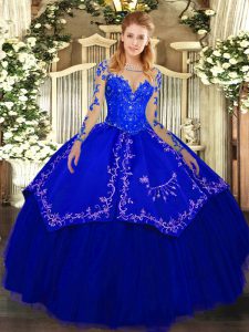 Elegant Floor Length Lace Up Quinceanera Dress Royal Blue for Military Ball and Sweet 16 and Quinceanera with Lace and E