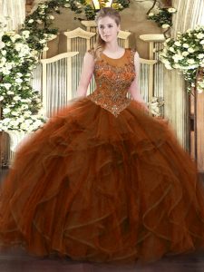 Tulle Scoop Sleeveless Zipper Beading and Ruffles Sweet 16 Quinceanera Dress in Brown