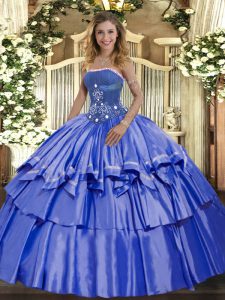 Luxury Blue Strapless Neckline Beading and Ruffled Layers Quince Ball Gowns Sleeveless Lace Up