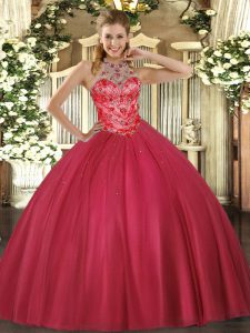 Lovely Coral Red Ball Gowns Beading Quinceanera Gown Lace Up Satin Sleeveless Floor Length