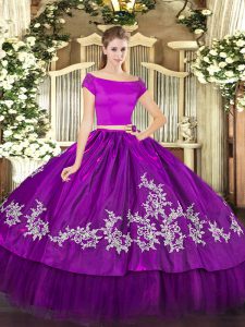 Purple Zipper Vestidos de Quinceanera Embroidery Short Sleeves Floor Length
