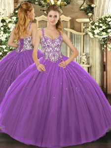Purple Sleeveless Beading and Appliques Floor Length Sweet 16 Quinceanera Dress