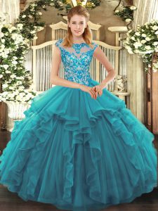 Teal Ball Gowns Ruffles Quinceanera Gowns Lace Up Organza Cap Sleeves