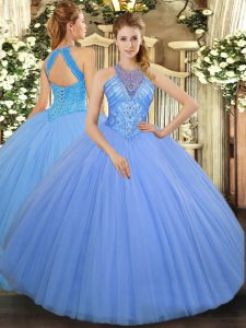 Sleeveless Floor Length Beading Lace Up Vestidos de Quinceanera with Light Blue
