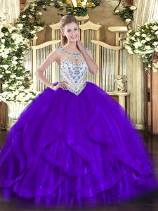 Purple Zipper Quince Ball Gowns Beading and Ruffles Sleeveless Floor Length