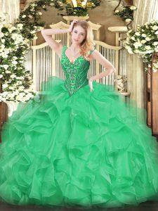 Green Ball Gowns V-neck Sleeveless Organza Floor Length Lace Up Beading and Ruffles Quinceanera Gown