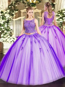 Noble Lavender Quince Ball Gowns Military Ball and Sweet 16 and Quinceanera with Beading and Appliques Scoop Sleeveless 
