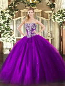 Purple Vestidos de Quinceanera Military Ball and Sweet 16 and Quinceanera with Beading Strapless Sleeveless Lace Up