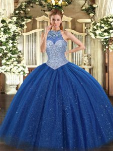 Royal Blue Lace Up Halter Top Beading Vestidos de Quinceanera Tulle Sleeveless