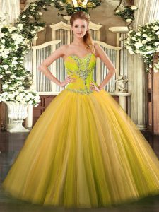 Ball Gowns Quinceanera Dress Gold Sweetheart Tulle Sleeveless Floor Length Lace Up