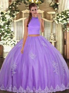 Traditional Lavender Backless Halter Top Beading and Appliques 15 Quinceanera Dress Tulle Sleeveless