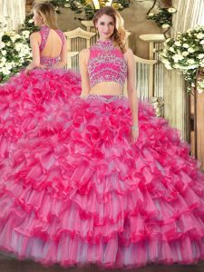 Clearance Sleeveless Floor Length Beading and Ruffled Layers Backless Quinceanera Dresses with Coral Red