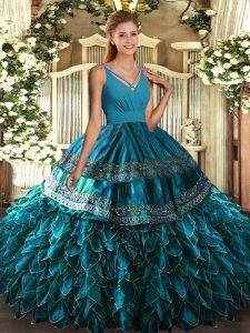 Romantic Blue Organza Side Zipper V-neck Sleeveless Floor Length Sweet 16 Quinceanera Dress Beading and Appliques and Ru