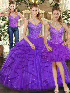 Sexy Straps Sleeveless Lace Up Quinceanera Dress Purple Organza