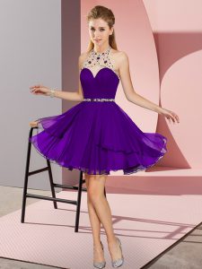 Graceful Mini Length Purple Prom Dresses Halter Top Sleeveless Zipper