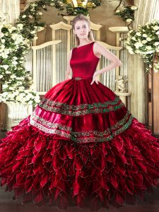 Glittering Sleeveless Floor Length Ruffled Layers Clasp Handle Sweet 16 Dress with Wine Red