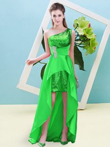 Beautiful Green Elastic Woven Satin and Sequined Lace Up Dress for Prom Sleeveless High Low Beading and Sequins
