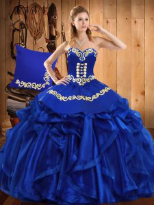 Fashion Royal Blue Sweetheart Lace Up Embroidery and Ruffles Sweet 16 Dresses Sleeveless