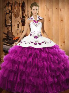 Custom Design Floor Length Fuchsia Ball Gown Prom Dress Halter Top Sleeveless Lace Up