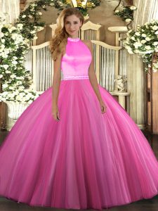 Low Price Rose Pink Halter Top Neckline Beading Quinceanera Gowns Sleeveless Backless
