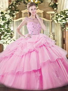 Elegant Rose Pink Sleeveless Beading and Ruffles and Pick Ups Floor Length Ball Gown Prom Dress