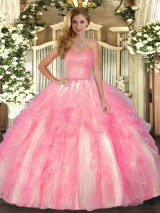 Fancy Floor Length Rose Pink Sweet 16 Quinceanera Dress Organza Sleeveless Ruffles