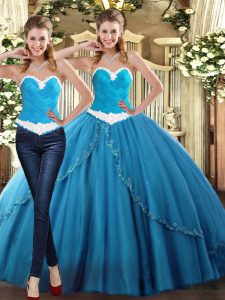 Flare Floor Length Lace Up Sweet 16 Quinceanera Dress Teal for Military Ball and Sweet 16 and Quinceanera with Beading