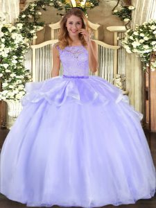 Lavender Clasp Handle Scoop Lace Quinceanera Gowns Organza Sleeveless