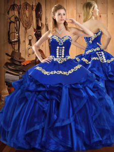 Amazing Floor Length Royal Blue Vestidos de Quinceanera Satin and Organza Sleeveless Embroidery and Ruffles