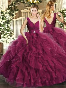 Cute Burgundy Ball Gowns Beading and Ruffles Quinceanera Gowns Backless Tulle Sleeveless Floor Length