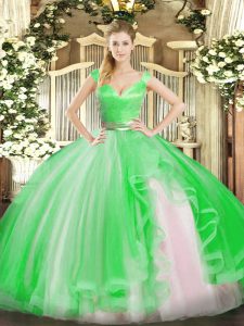 Captivating Green Zipper 15th Birthday Dress Beading and Ruffles Sleeveless Floor Length