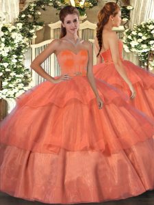 Dramatic Orange Red Lace Up Quince Ball Gowns Beading and Ruffled Layers Sleeveless Floor Length