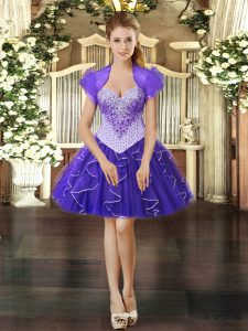 Flare Sleeveless Organza Mini Length Lace Up Dress for Prom in Purple with Beading and Ruffles