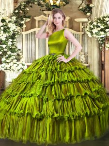 Sophisticated Olive Green Ball Gowns Ruffled Layers Quinceanera Gown Clasp Handle Organza Sleeveless Floor Length