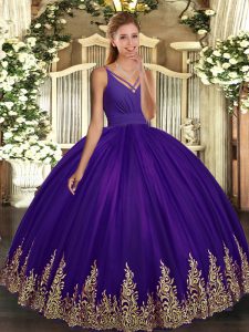 Purple Quinceanera Dress Military Ball and Sweet 16 and Quinceanera with Appliques V-neck Sleeveless Backless