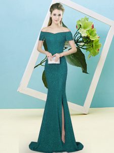Turquoise Sequined Zipper Off The Shoulder Short Sleeves Prom Dresses Sweep Train Sequins