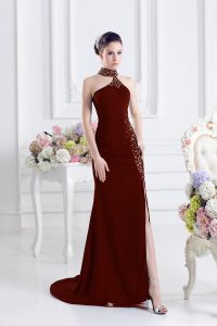 Customized Halter Top Sleeveless Elastic Woven Satin Prom Dress Beading Sweep Train Lace Up