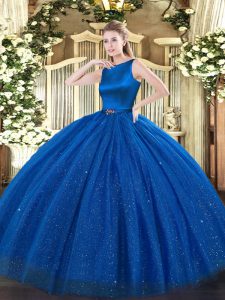 Blue Clasp Handle Scoop Belt Ball Gown Prom Dress Tulle Sleeveless
