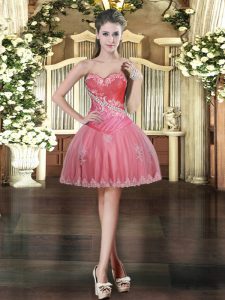 Coral Red Lace Up Sweetheart Beading and Appliques Evening Dress Tulle Sleeveless
